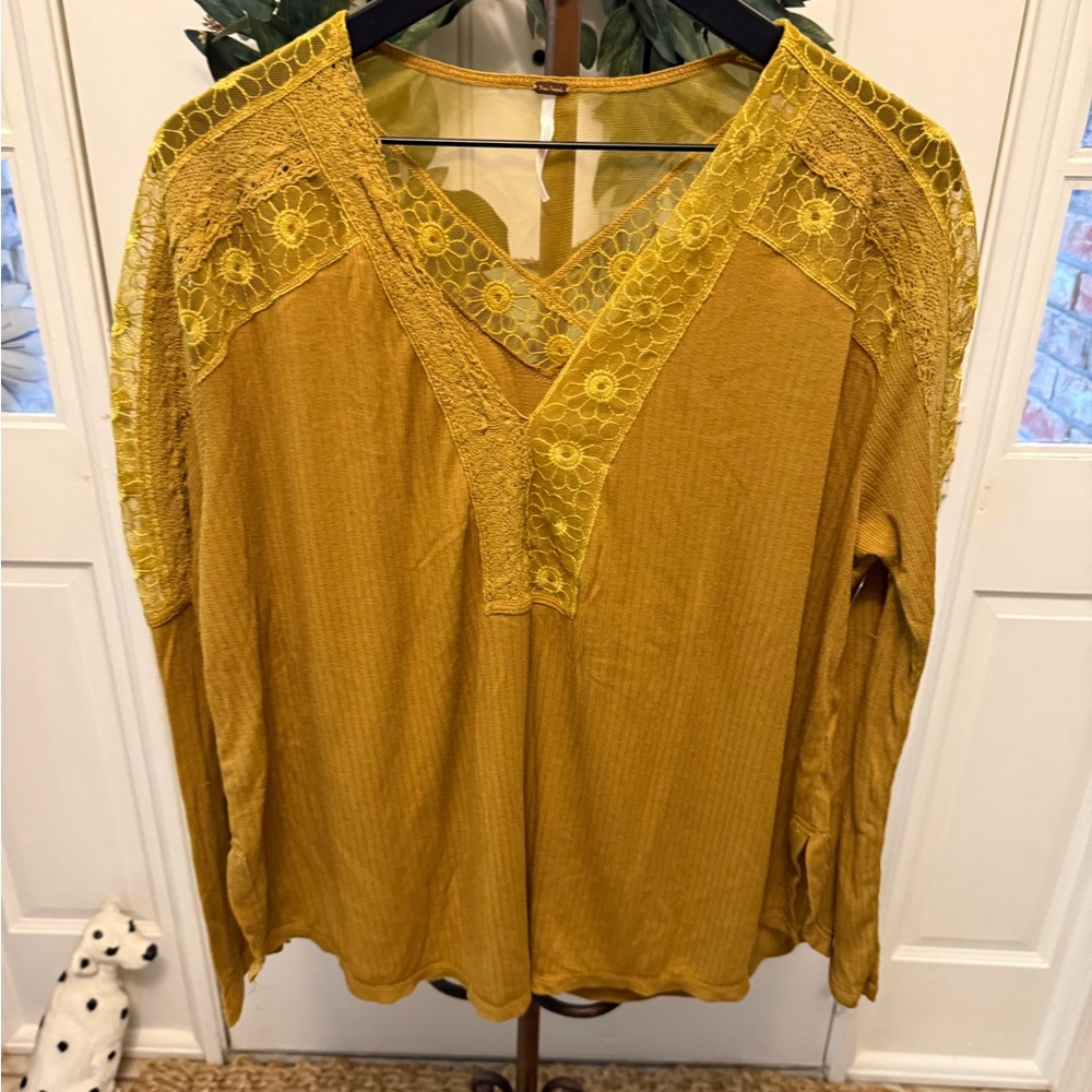 NWOT Free People Lola Ribbed Lace Trim Top Shirt LS Lightweight L Oversized